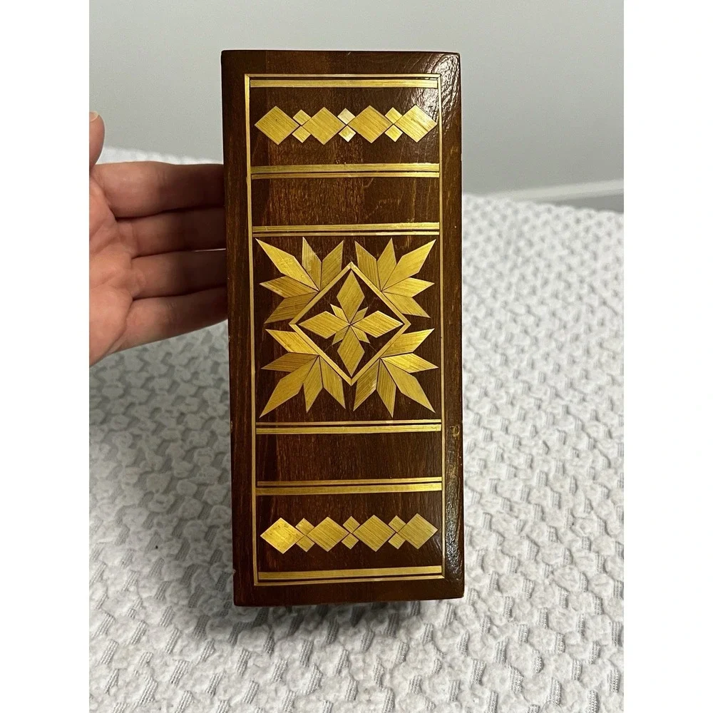 Vtg USSR Russian Inlaid Wood Jewelry Trinket Box Soviet Era MCM Boho Handmade